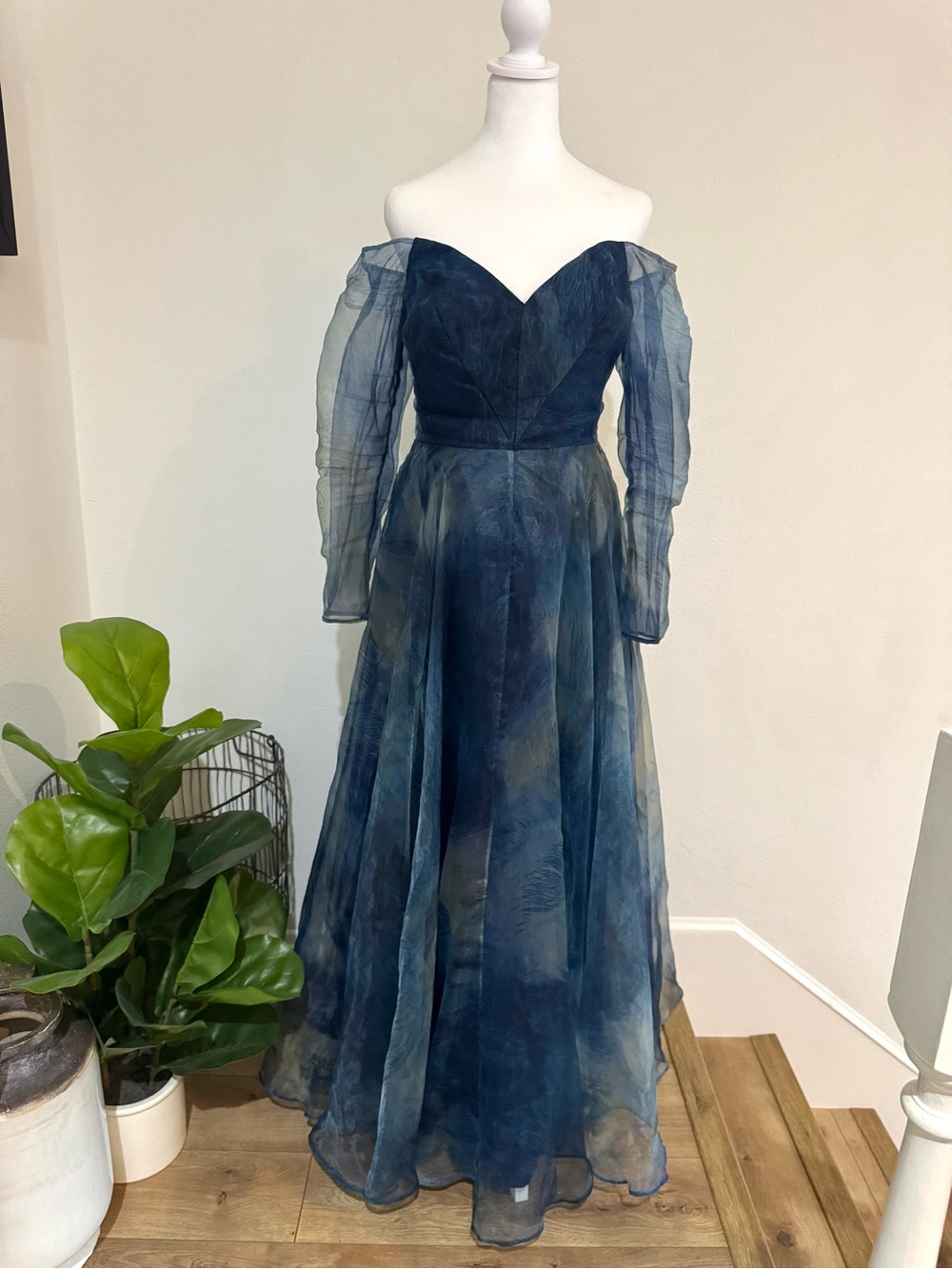 Rene Ruiz Off-Shoulder Navy & Teal Long Sleeve Evening Gown